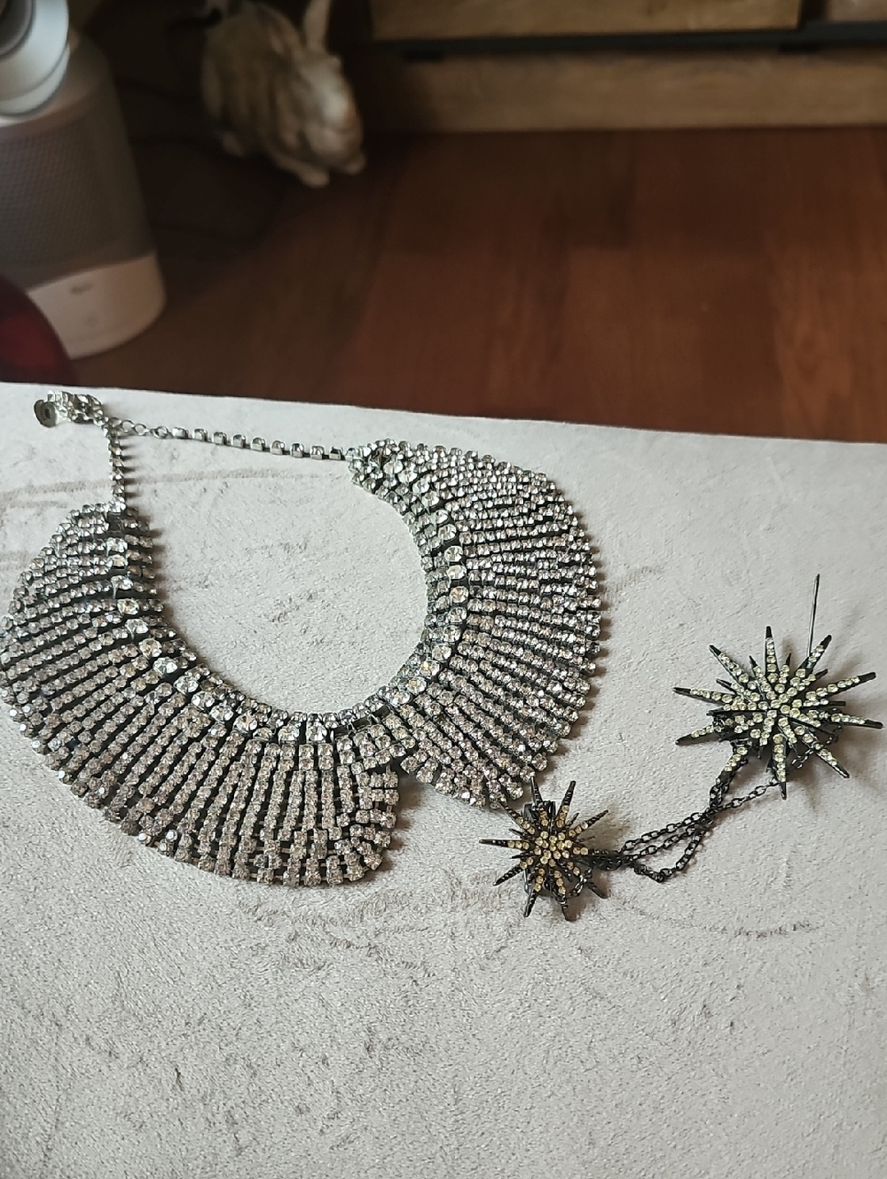 Ready To Upcycle Jewelry Silver Crystal Collar Necklace, Brooch, Chain Bracelet